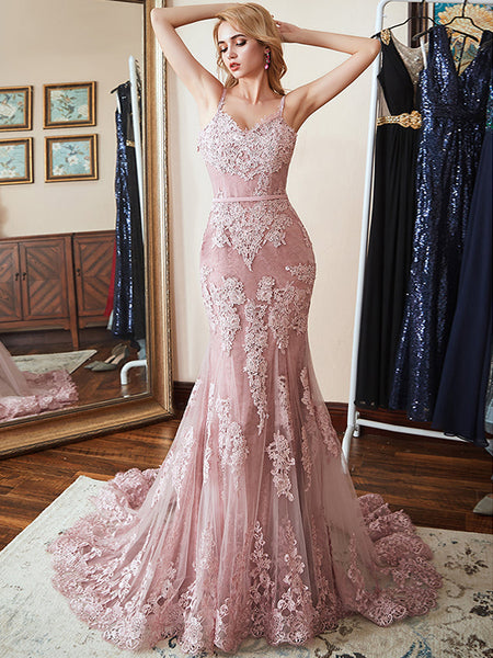 Modern Floral Lace Dusty Rose Mermaid Prom Dresses with Train Loyeloy